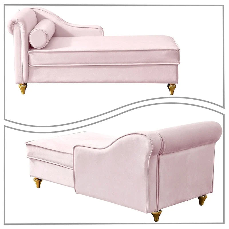 Chaise longue elegante francese rivestita in velluto con contenitore e cuscino