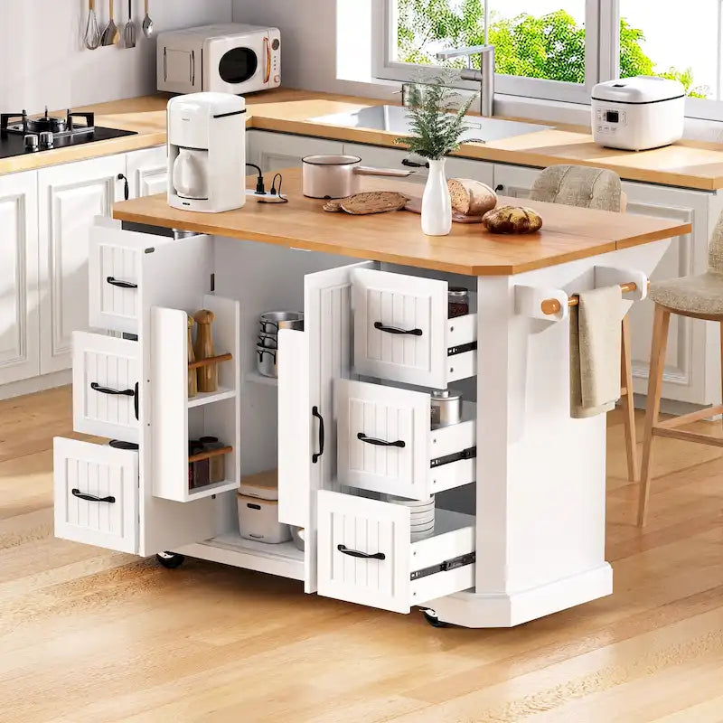 Expandable Drop-Leaf Kitchen Island, Kitchen Cart on 4 Wheels with Power Outlet, Moveable Island Table with 2 Door & 6 Drawers