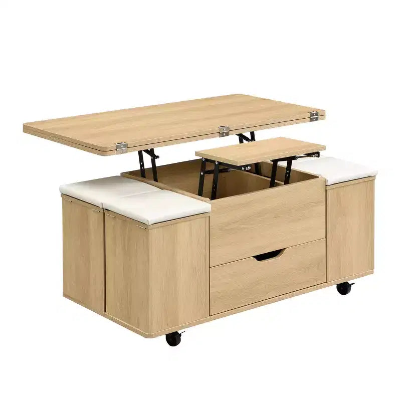 Multifunktionaler moderner Couchtisch mit Liftplatte, verborgenem Stauraum, 4 Hockern und Rollen – perfekt für moderne Wohnbereiche