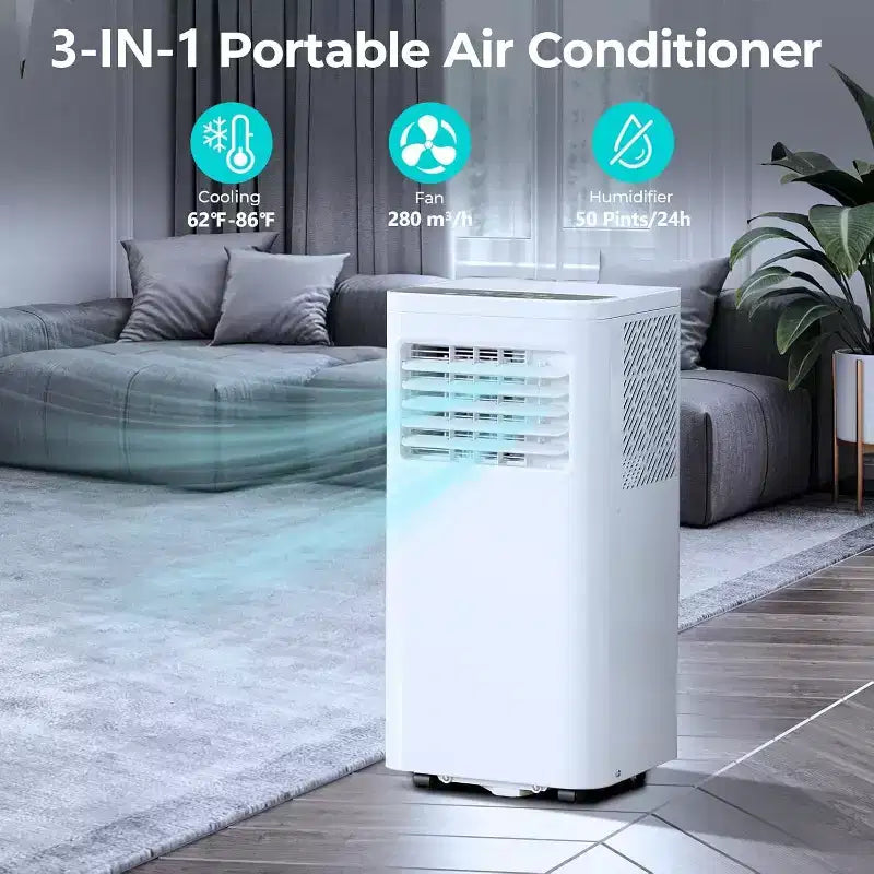 Tragbare Klimaanlage mit 8.000 BTU, 3-in-1-Gerät mit 4 Modi, Timer, LED-Display, Fernbedienung und Installationsset, für Schlafzimmer, Wohnzimmer oder Büro, Weiß.