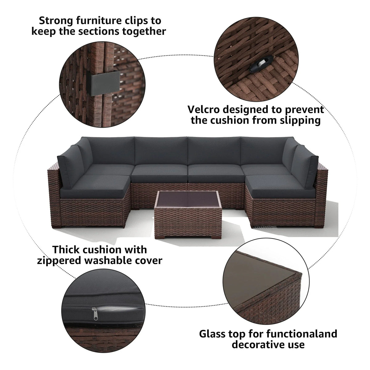7-delige outdoor loungeset van vlechtwerk en staal met kussens