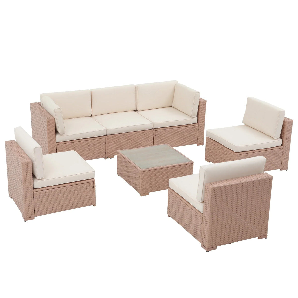 7-delige outdoor loungeset van vlechtwerk en staal met kussens