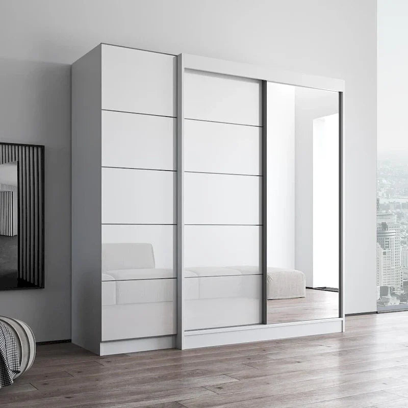 2-türiger Kleiderschrank mit Spiegel und Glasfront für 2 Personen (Grau/Schwarz/Weiß)