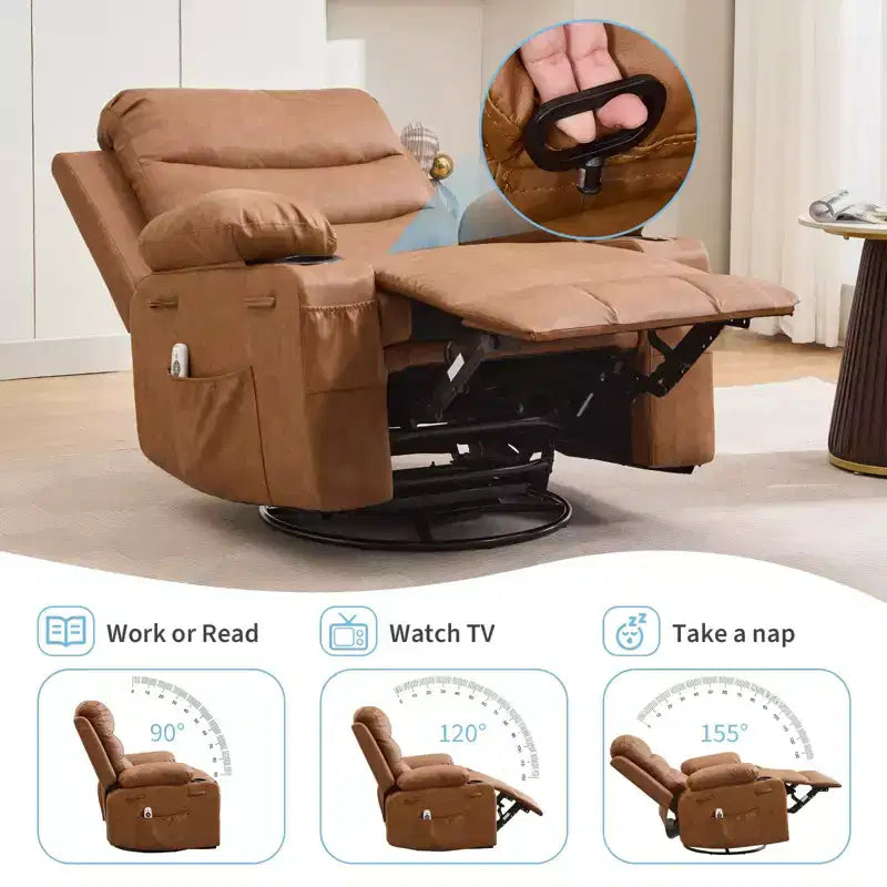 Poltrona reclinabile a dondolo girevole a 360° oversize con massaggio e calore - sedia lounge ergonomica con portabicchieri e tasche laterali per soggiorno e cameretta