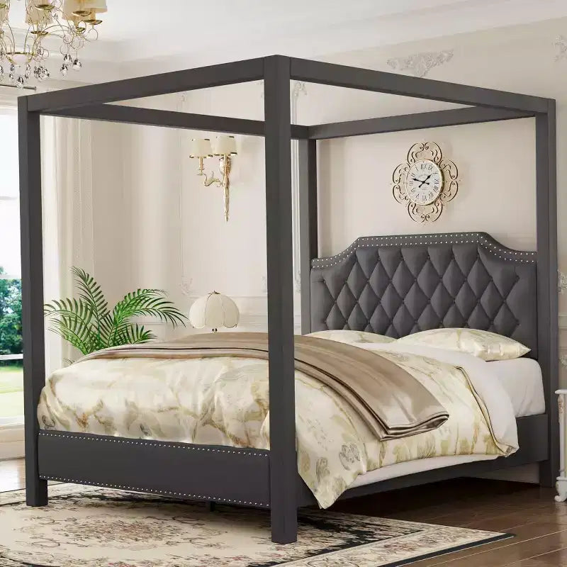 Hemelbedframe voor queensize bed met palen, hoekbeugels voor 4 hoeken, ondersteuning met latten van massief hout, geen boxspring nodig, geluidloos