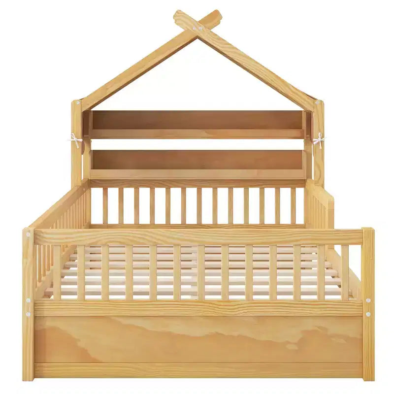 Letto a casetta in legno ModernLuxe per letto singolo/matrimoniale con testiera contenitore, struttura letto per bambini in pino massello con sponde di sicurezza