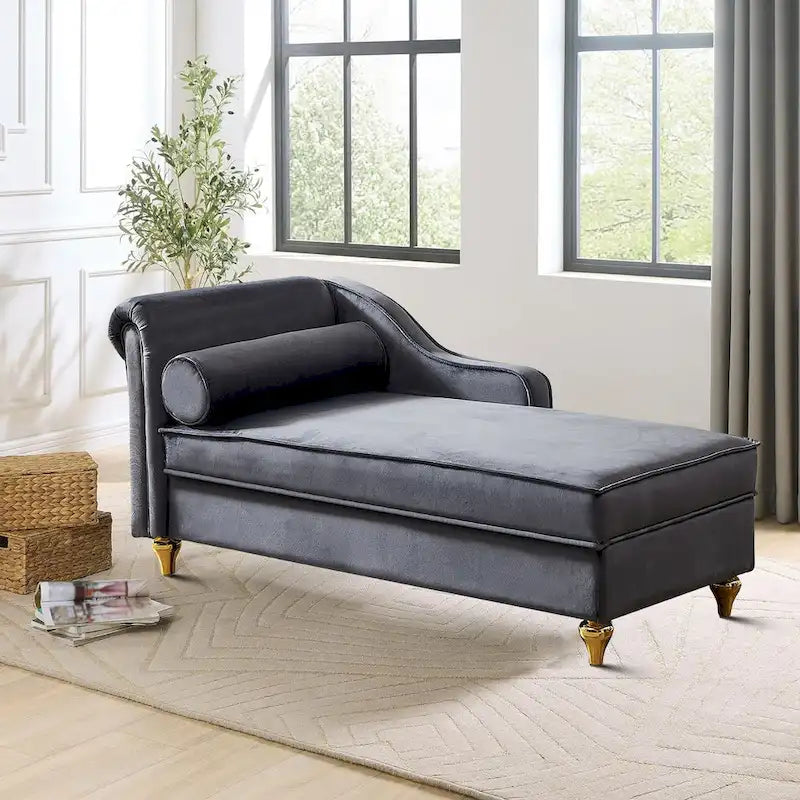 Chaise longue elegante francese rivestita in velluto con contenitore e cuscino