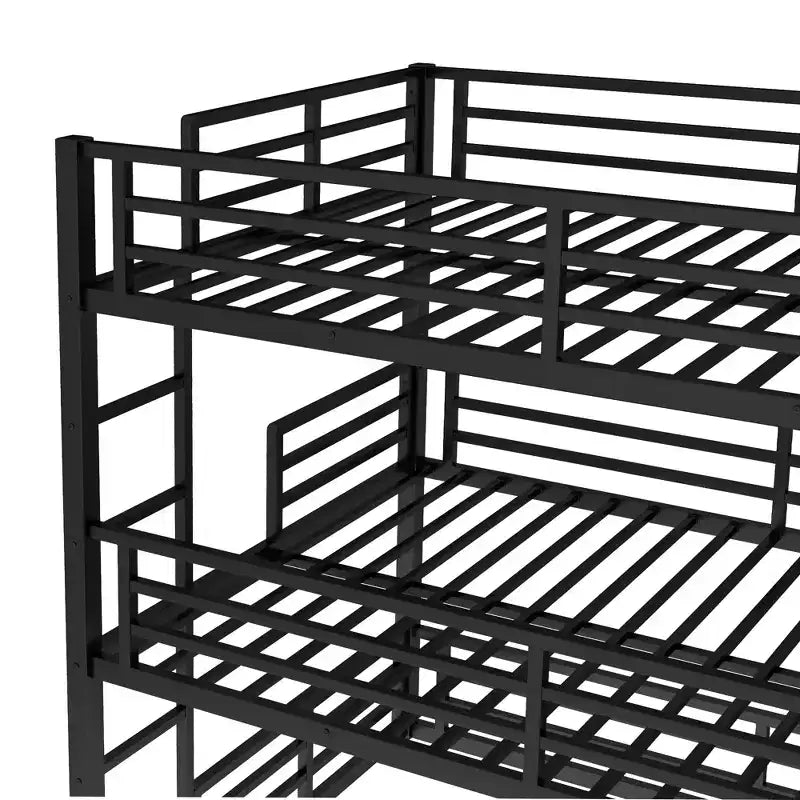Dreifach-Etagenbett, Metall-Etagenbett in voller Größe mit Sicherheitsgeländern, robustes Etagenbett mit geräuschreduziertem Design, Schwarz