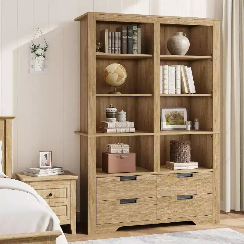 183 cm hohes Bücherregal mit 4 Schubladen, freistehendes Bücherregal im Landhausstil für Schlafzimmer, Wohnzimmer und Homeoffice
