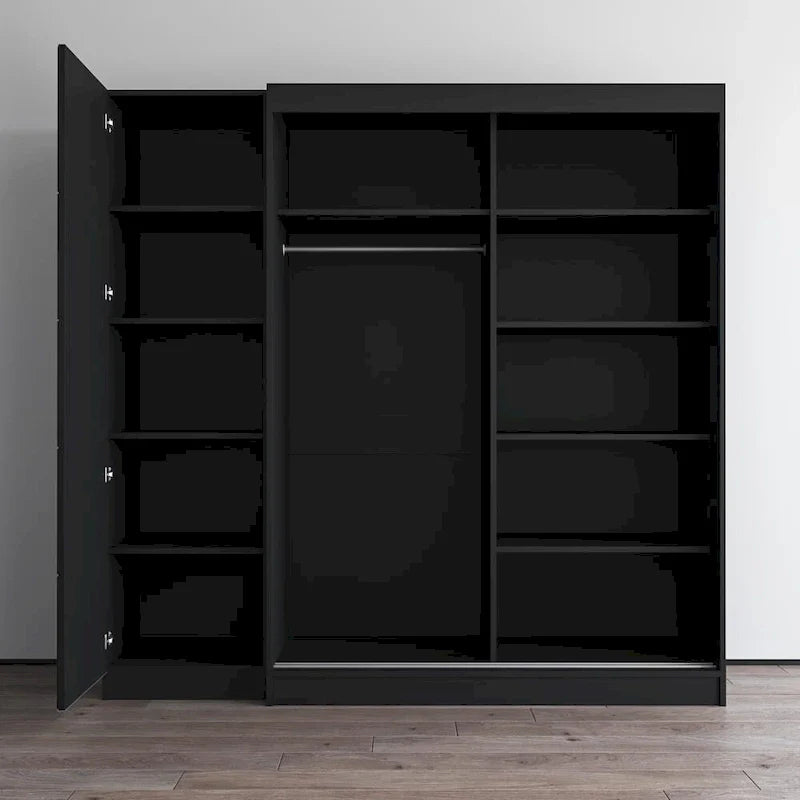 2-türiger Kleiderschrank mit Spiegel und Glasfront für 2 Personen (Grau/Schwarz/Weiß)