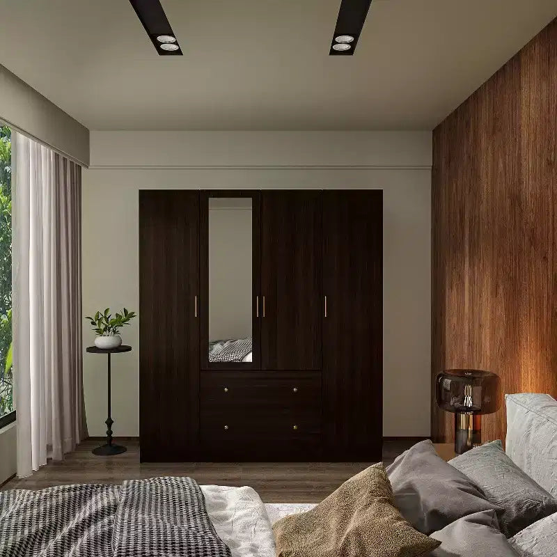 Hitow Kleiderschrank mit 2 großen Schubladen, mittlerem Hängeregal und Spiegel im minimalistischen Stil