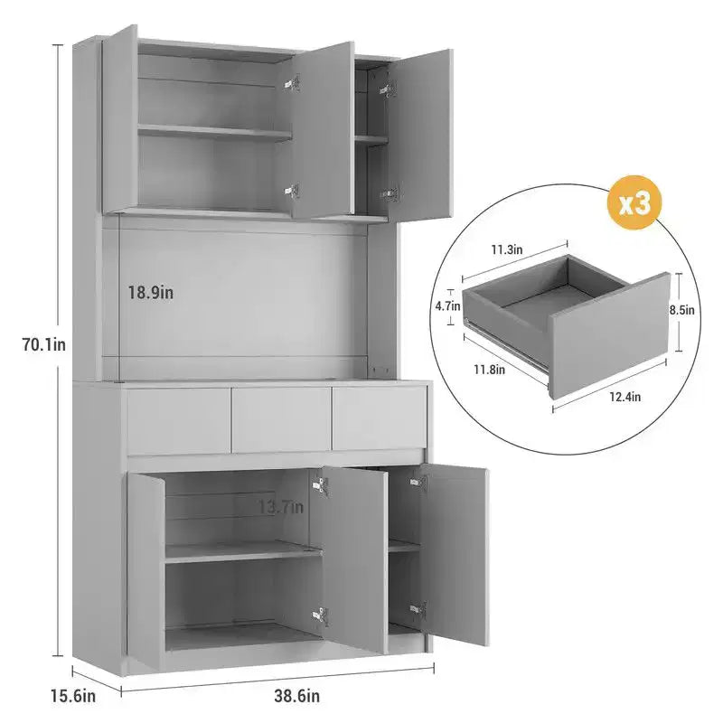 Keukenkast van 71 inch, opbergkast met bovenkast, ledverlichting en stopcontacten, buffetkast met magnetronstandaard en verstelbare planken
