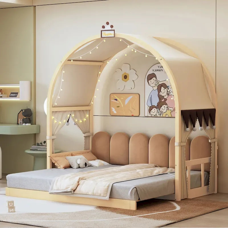 Letto Montessori a piattaforma in legno massello a forma di casetta, con tetto ad arco e letto estraibile, per bambine e bambini