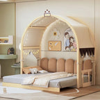 Letto Montessori a piattaforma in legno massello a forma di casetta, con tetto ad arco e letto estraibile, per bambine e bambini