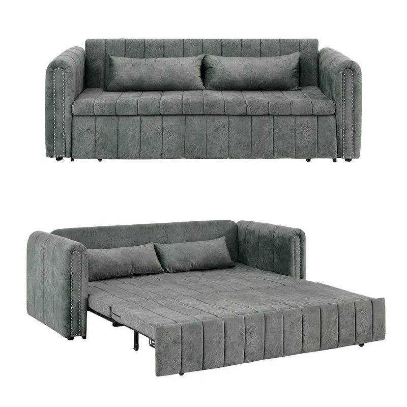 Velvet Upholstered Modern Convertible Sleeper Lounge Sofa Bed with Rolled Arms Decorated with Copper Nails
