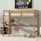 Okak Minimalism Loft Bed with Ladder, Rubber Wood Twin Loft Bed with Safety Guardrail and Build-In Desk, Bed Frames for Kids, Teenagers