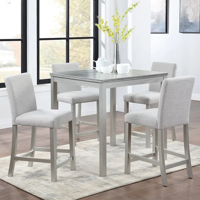 Set da pranzo moderno da 5 pezzi con tavolo quadrato ad altezza bancone e 4 sedie imbottite