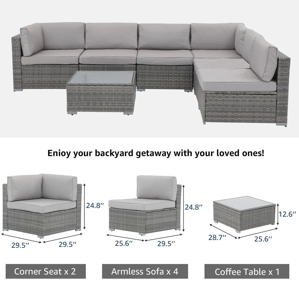 7-delige outdoor loungeset van vlechtwerk en staal met kussens