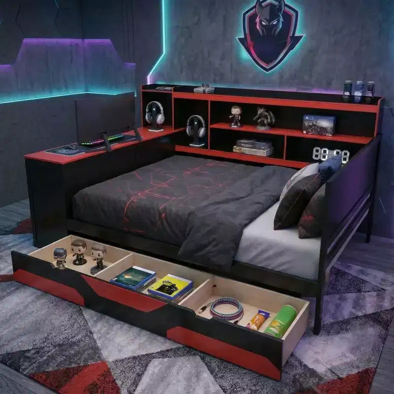 Letto trasformabile Gamer Hub con scrivania, luci RGB, stazione di ricarica, cassetti contenitore e testiera libreria