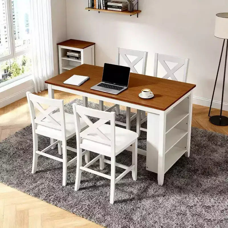 Garnitura blagovaonskog stola i stolica Homy Casa s 5 dijelova, barske visine, s policama za pohranu, bijela i boja oraha, moderni seoski stil