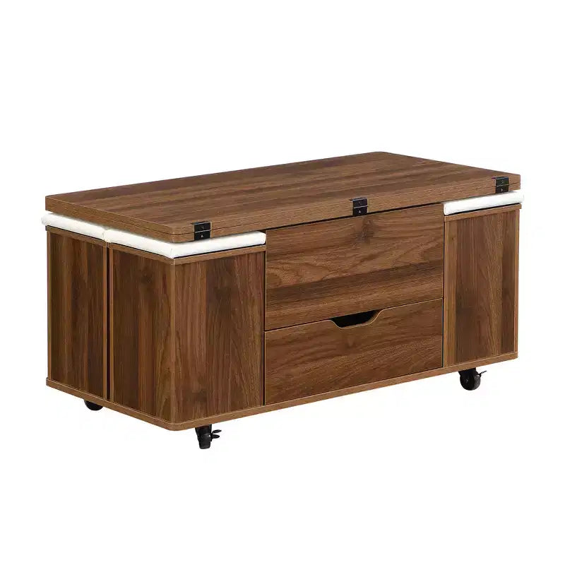 Multifunktionaler moderner Couchtisch mit Liftplatte, verborgenem Stauraum, 4 Hockern und Rollen – perfekt für moderne Wohnbereiche