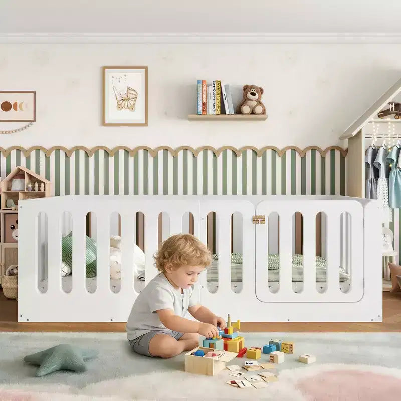 White Twin Montessori Floor Bed with Fence Rails & Door 鈥?Solid Wood, 1 Child