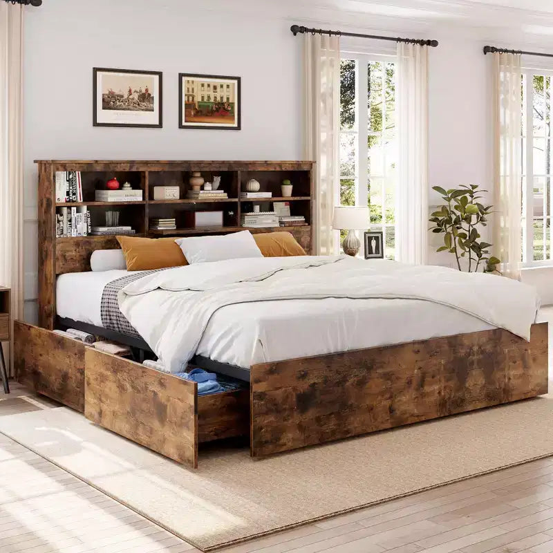 Qafas ta’ sodda Full b’headboard għall-ħażna, qafas tas-sodda tal-injam b’4 kxaxen, librerija għall-ħażna u sodda b’pjattaforma ta’ daqs King b’appoġġ qawwi tal-metall