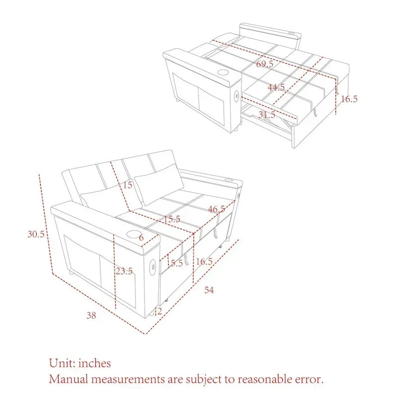 Sufan-sodda li jinġibed ’il barra, ta’ 54, b’2 siġġijiet recliner, spazju għall-ħażna, investi lumbari u żbokk tal-elettriku USB