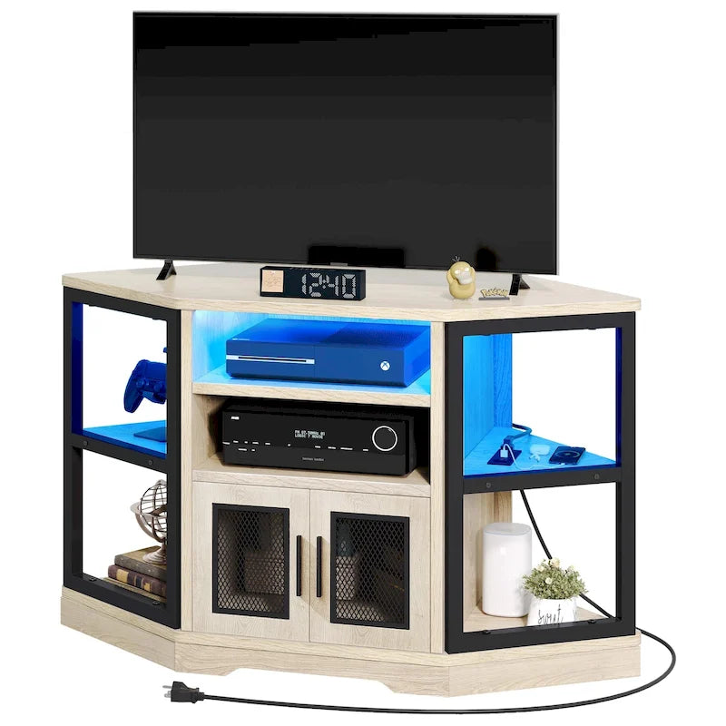 Mobile TV angolare in stile farmhouse, centro d'intrattenimento e consolle multimediale per TV fino a 55" con presa di corrente