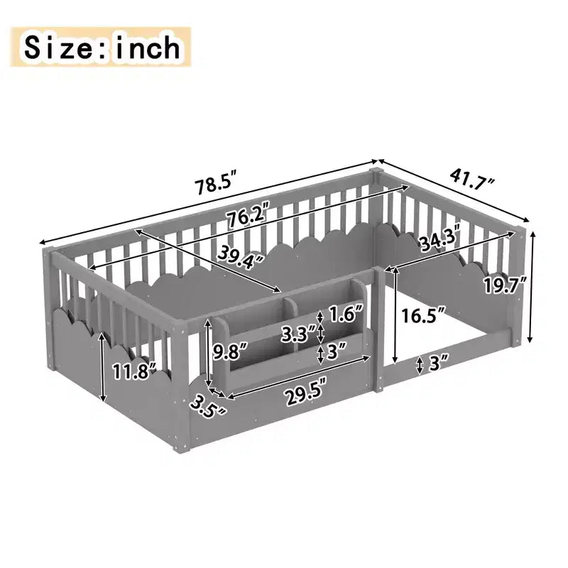 Letto a terra per bambini Bellemave con sponda rialzata e libreria, struttura in legno per letto singolo Montessori per bambine e bambini