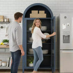 Tall Arched Storage Cabinet with Glass Doors, 5-Tier Display Bookcase with Adjustable Shelves for Kitchen or Living Room