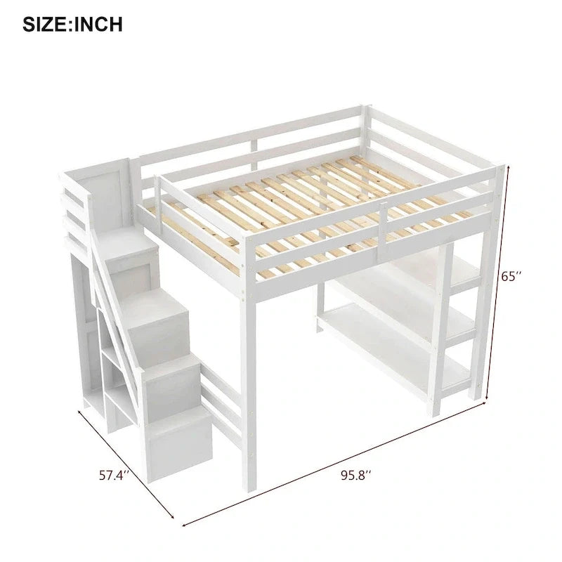 Letto a soppalco matrimoniale singolo con scale contenitore - Ripiani, guardaroba e luce LED, design salvaspazio