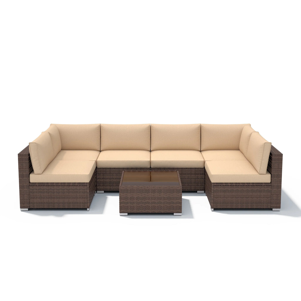 7-delige outdoor loungeset van vlechtwerk en staal met kussens