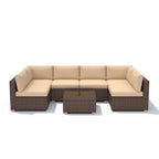 7-delige outdoor loungeset van vlechtwerk en staal met kussens