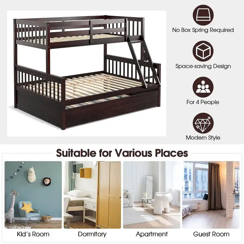 Gymax Etagenbett Twin über Full mit ausziehbarem Twin-Bett, umwandelbare Plattform