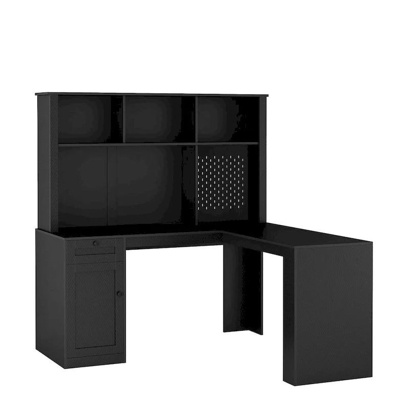 L-vormig bureau met stopcontact, computerbureau met laden, boekenkast en opzetkast, modern hoekbureau, bureau voor thuiskantoor