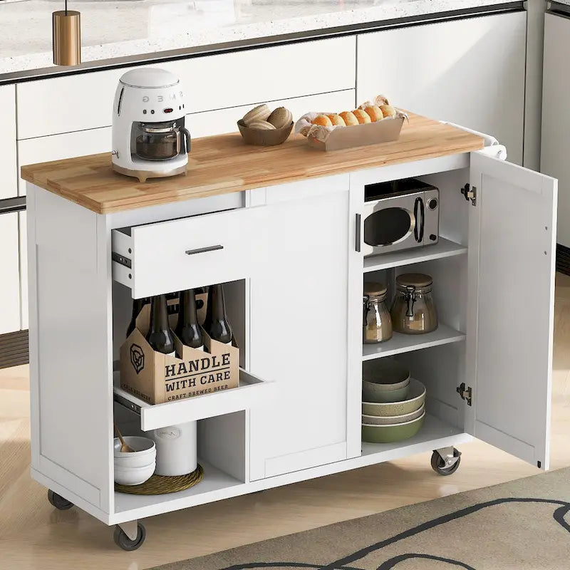 Isola da cucina con piano di lavoro pieghevole, carrello portaoggetti da cucina con ripiano estraibile, portasciugamani e cassetto, ruote girevoli