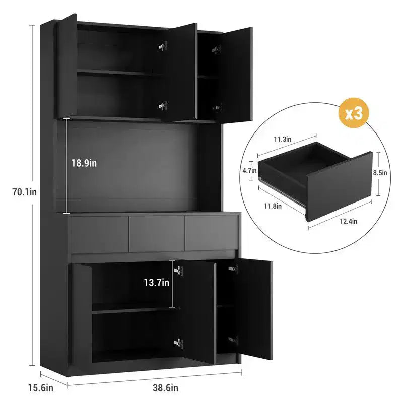 Keukenkast van 71 inch, opbergkast met bovenkast, ledverlichting en stopcontacten, buffetkast met magnetronstandaard en verstelbare planken