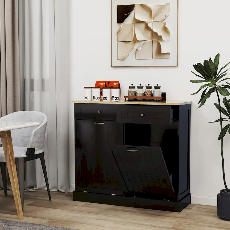 Mobiletto da cucina per rifiuti con due cassetti e due vani ribaltabili, nero
