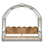 Letto Montessori a piattaforma in legno massello a forma di casetta, con tetto ad arco e letto estraibile, per bambine e bambini