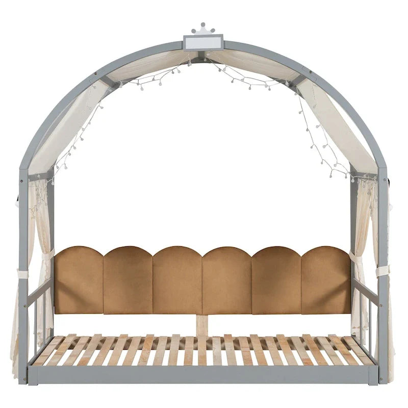 Letto Montessori a piattaforma in legno massello a forma di casetta, con tetto ad arco e letto estraibile, per bambine e bambini