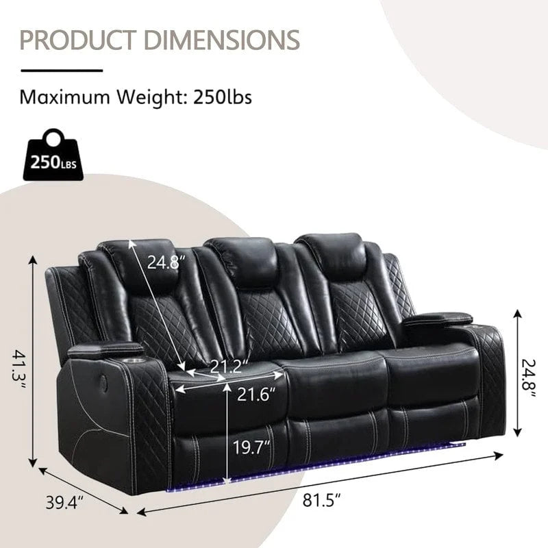 Elektrisch verstellbares Sofa mit kabellosem Ladegerät, Leselampe für das Wohnzimmer, Kunstleder, LED-Beleuchtung, AC-/USB-Anschluss und Getränkehalter, Schwarz