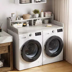 Houten opzetblad voor wasmachine en droger, 54 inch aanrechtblad voor de wasruimte met opbergplank met 2 niveaus, antislip werkoppervlak met opstaande randen voor een georganiseerde wasruimte