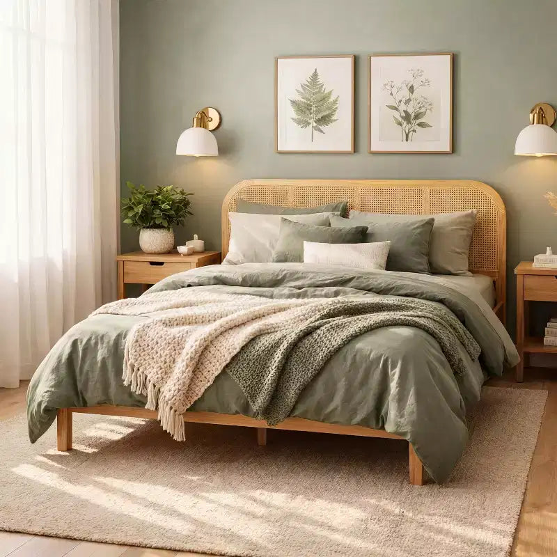 Christopher Knight Home Callahan modernes Boho-Bettgestell aus Holz mit Lattenrost und Rattan-Kopfteil