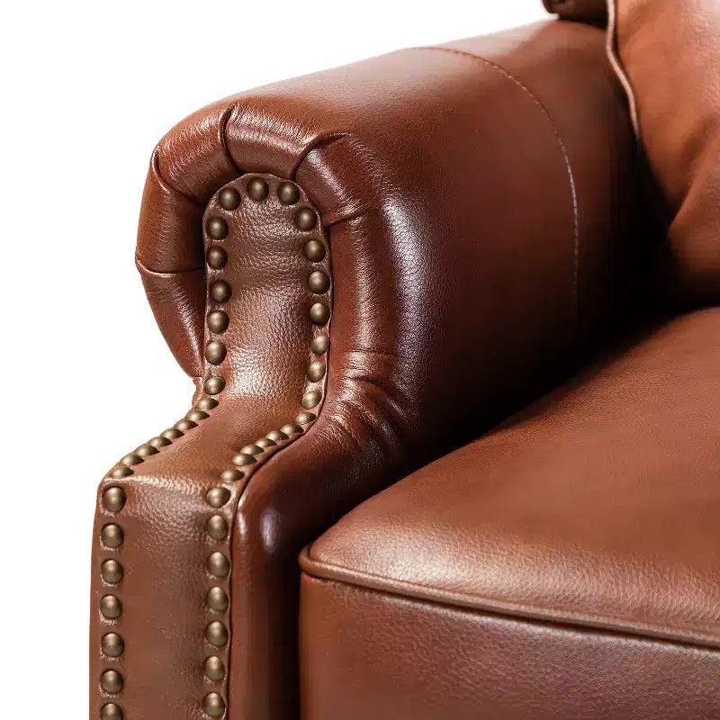 Set van 2 moderne Elisabete-fauteuils met hoge rugleuning van echt leer en vintage spijkerkopafwerking voor woonkamer en slaapkamer| ART OF LIVING DESIGNS