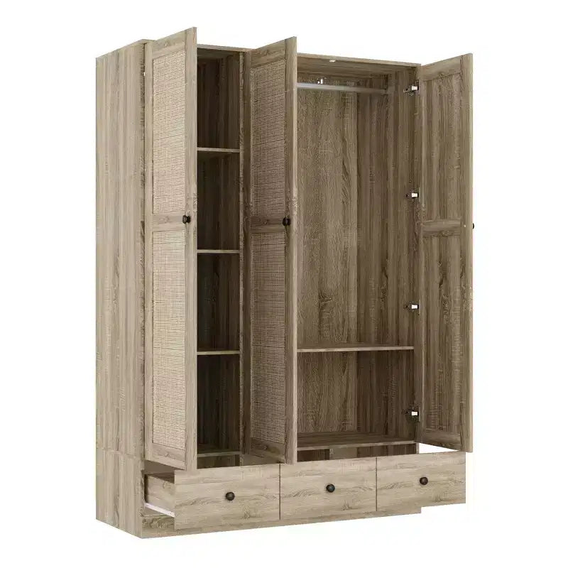 Famapy Rattan-Kleiderschrank mit 3 Schubladen, Schrank mit 3 atmungsaktiven Rattantüren, hoher Stauraumschrank im Landhausstil für das Schlafzimmer