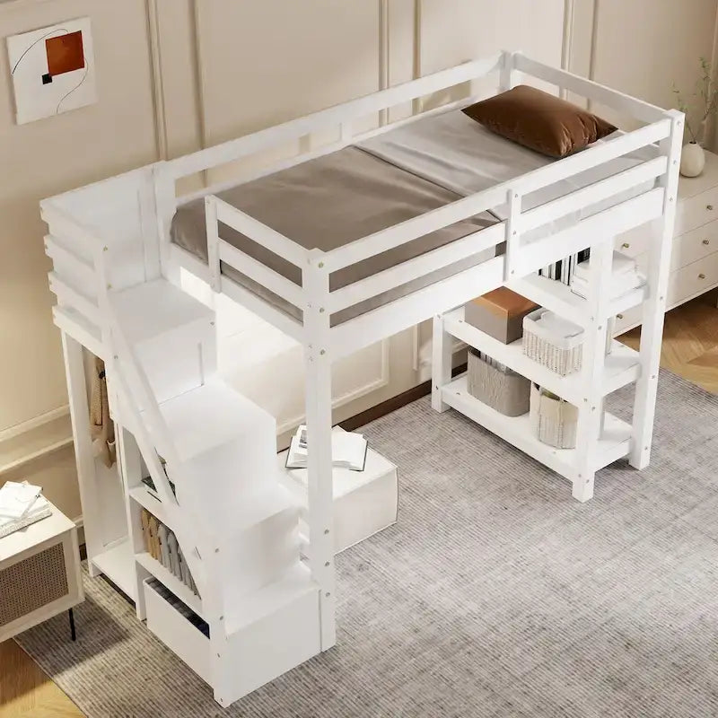 Hoogslaper voor Full/Twin-matras met opbergtreden – planken, kledingkast en ledverlichting, ruimtebesparend ontwerp