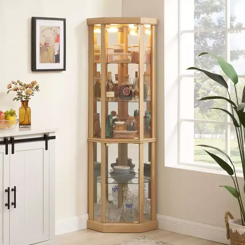 Eck-Vitrinenschrank mit Glastüren und Einlegeböden, Eckvitrine für das Wohnzimmer