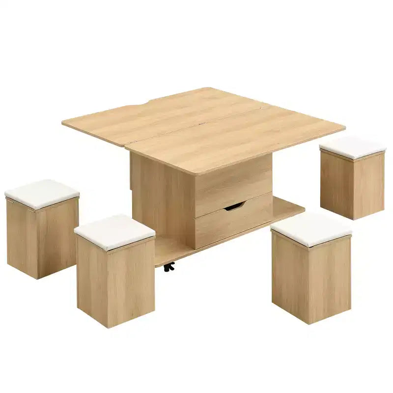 Multifunktionaler moderner Couchtisch mit Liftplatte, verborgenem Stauraum, 4 Hockern und Rollen – perfekt für moderne Wohnbereiche