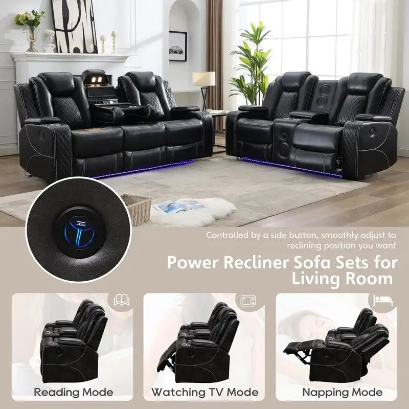 Elektrisch verstellbares Sofa mit kabellosem Ladegerät, Leselampe für das Wohnzimmer, Kunstleder, LED-Beleuchtung, AC-/USB-Anschluss und Getränkehalter, Schwarz